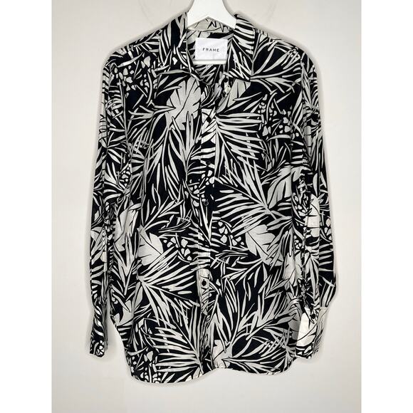 Frame The Oversized Silk-Blend Palm Button Shirt Noir Multi Women's Size Medium - Picture 2 of 10